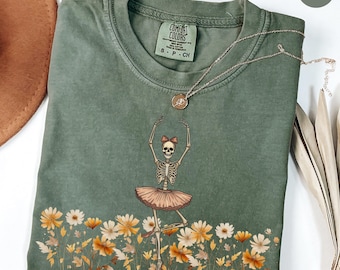 Comfort Colors Skeleton Dancing Ballerina Wildflower Botanical Floral Cottagecore Nature Lover Illustrative Women's T-shirt