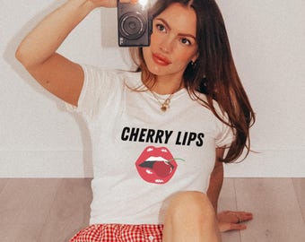 Cherry Lips Baby Tee, Y2K Flirty Graphic Shirt, Retro Summer Lips T-Shirt, Sexy Coquette Aesthetic Top