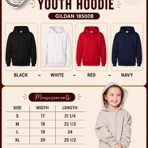 May include: A Gravity Teestudio youth hoodie product chart featuring four Gildan 18500B hoodies in black, white, red, and navy. Includes a size measurement table with width and length in inches for sizes S, M, L, and XL, plus a beige hoodie example.