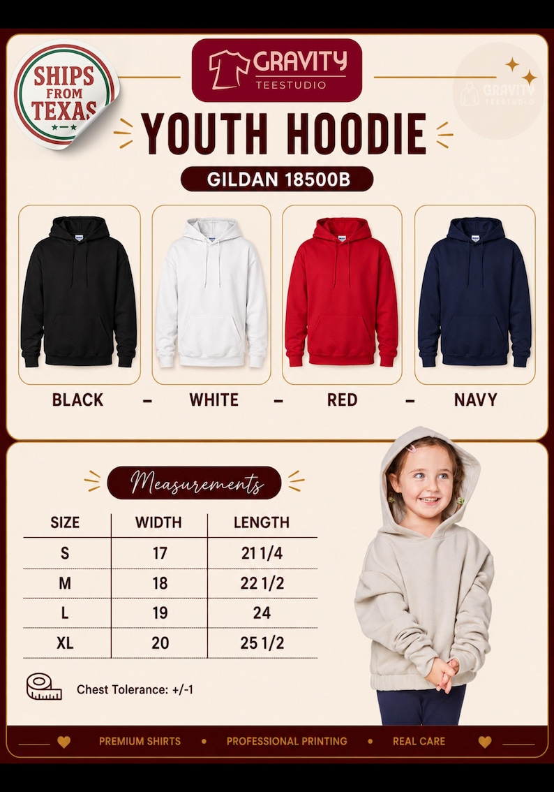 May include: A Gravity Teestudio youth hoodie product chart featuring four Gildan 18500B hoodies in black, white, red, and navy. Includes a size measurement table with width and length in inches for sizes S, M, L, and XL, plus a beige hoodie example.