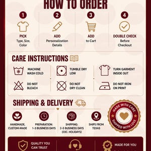 May include: An informational graphic with a maroon and cream color scheme detailing how to order, care instructions, and delivery information. It features icons for steps, laundry symbols, and text including Gravity Teestudio, How to Order, Care Instructions, and Shipping & Delivery.