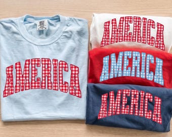 Comfort Colors® AMERICA Gingham Tee, Red White & Blue Patriotic Shirt, Independence Day Outfit, 4th of July T-shirt