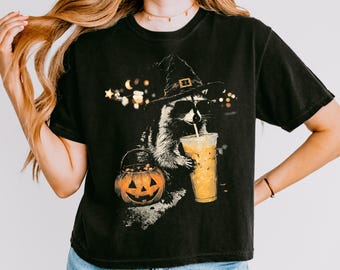 Halloween Raccoon Pumpkin Spice Iced Coffee Comfort Colors Boxy Tee, Spooky Raccoon Shirt, Fall Animal Halloween T-shirt