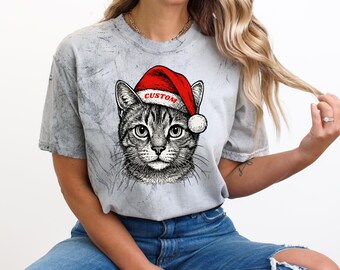 Personalized Cat Christmas Shirt, Comfort Colors® Custom Santa Cat Shirt, Christmas Cat Shirt, Custom Cat Name Shirt, Cat Lover Shirt