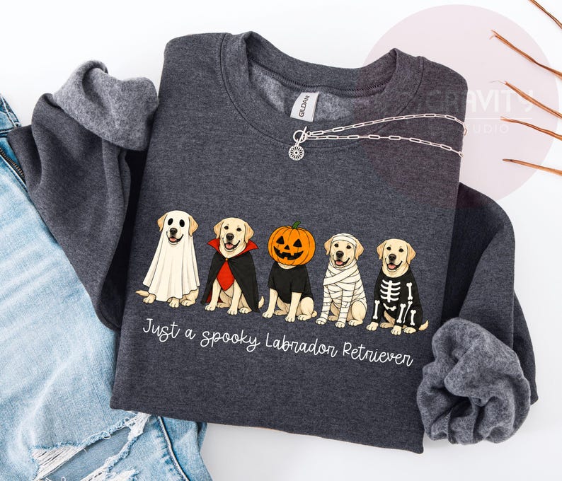 Może przedstawiać: Ciemnoszara bluza z okrągłym dekoltem z grafiką przedstawiającą pięć labrador&oacute;w w kostiumach na Halloween, w tym ducha, wampira, dynię, mumię i szkielet. Tekst pod psami brzmi, Just a spooky Labrador Retriever.