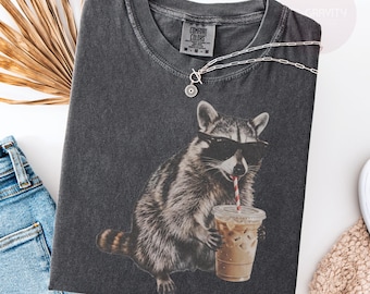Comfort Colors® Retro Raccoon Drinking Iced Coffee T-shirt, Funny Animal Meme Tee, Coffee Lover Raccoon Shirt