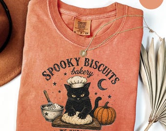 Comfort Colors Spooky Biscuits Spooky Season Tee: Black Cat Halloween Fall T-shirt, Vintage Kitty Baking Pumpkin Tshirt, Cat Lover Fall Gift