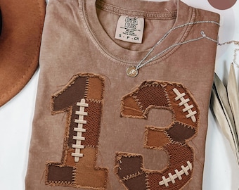 Comfort Colors Custom Football Number Shirt, Personalized Sports Mom Faux Patchwork Tee, Game Day T-shirt