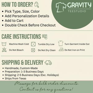 May include: An informational graphic for Gravity Teestudio featuring sections titled How to Order, Care Instructions, and Shipping & Delivery. It includes text instructions, laundry care icons, and a note about bulk order discounts on a light background.