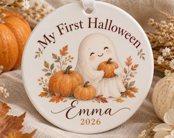 Baby First Halloween Ornament 2026, Personalized Name Halloween Keepsake, Cute Pumpkin Ghost Ornament, New Baby Halloween Gift