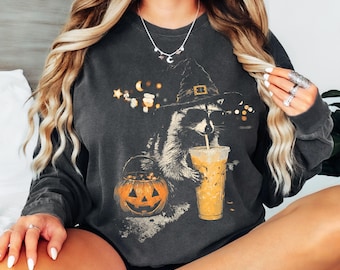Halloween Raccoon Pumpkin Spice Iced Coffee Comfort Colors Shirt, Spooky Seaoson Tee, Fall Animal Halloween Sweatshirt