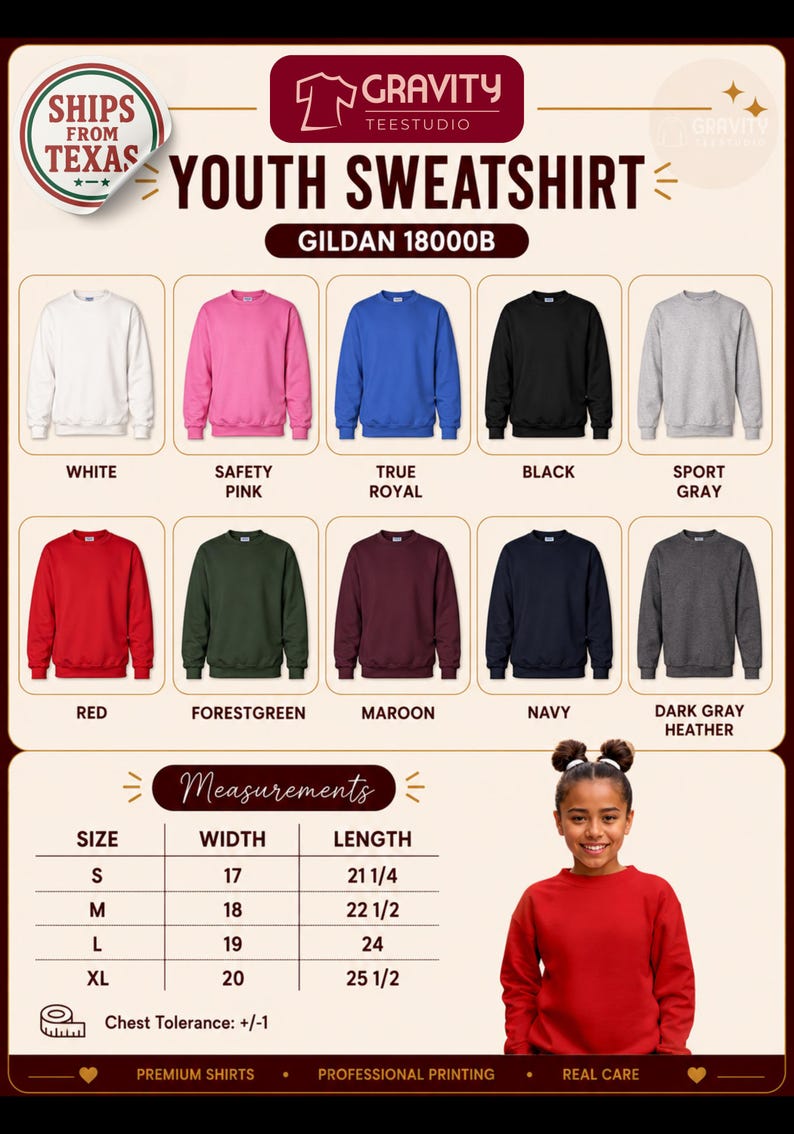 May include: A color chart for Gildan 18000B youth sweatshirts featuring ten color options: white, safety pink, true royal, black, sport gray, red, forest green, maroon, navy, and dark gray heather, with a size chart in inches and a red sweatshirt.
