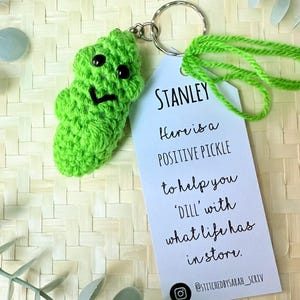 May include: A green crocheted pickle keyring with a smiling face and black eyes. The keyring is attached to a white tag with the text "STANLEY Here is a POSITIVE PICKLE to help you 'DILL' with what life has in store. @STITCHEDBYSARAH_SCRIV"