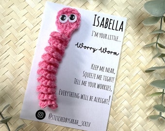 Worry Worm personalised crochet keyring starting school letter box gift separation anxiety pocket hug mental health children name handmade