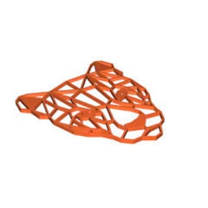 May include: Orange geometric wire sculpture of a stylized animal head, possibly a panther or a cat. The sculpture is made of thin wire and has a detailed design.