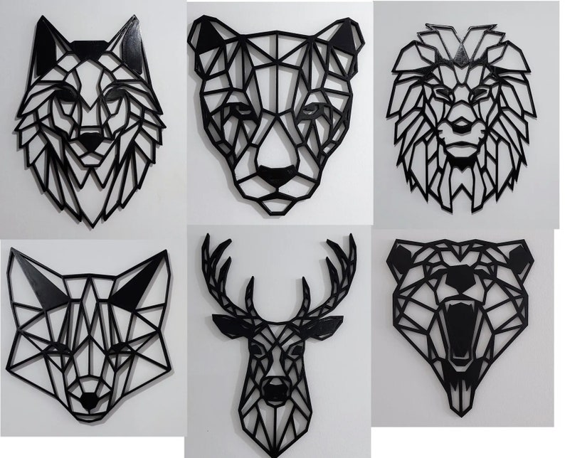 May include: Six black geometric animal head silhouettes, including a wolf, lion, deer, fox, bear, and panther. The animal heads are made of wood and have a black finish.