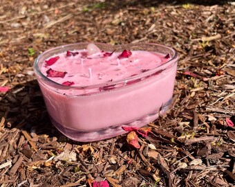 Love Candle for Witches | Self Love and Romance | Rose Quartz | Dried Rose Petals | Spells | Rituals | Decor | Gift | Handmade | Upcycled