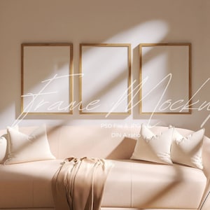 three frames mockup, interior mockup scene, set of three, wooden frames mockup, digital frame, frame mockup with reflection, 3 frame mock up