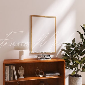DIN A Frame Mockup for Photoshop | Vertical Wood Frame PSD Template with moody lighting for Art and Printables
