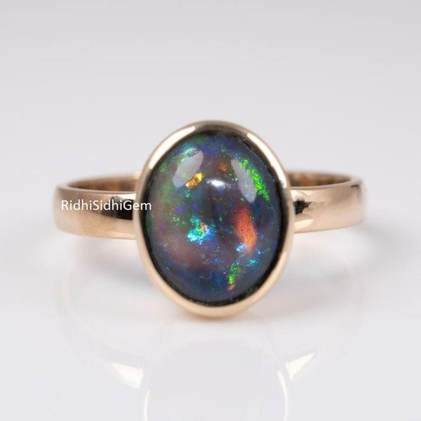 Gecertificeerde natuurlijke AAA+ Black Opal 925 Sterling Zilver Vergulde echte natuurlijke Black Opal Unisex Ring, mooie handgemaakte vervaardigde ring