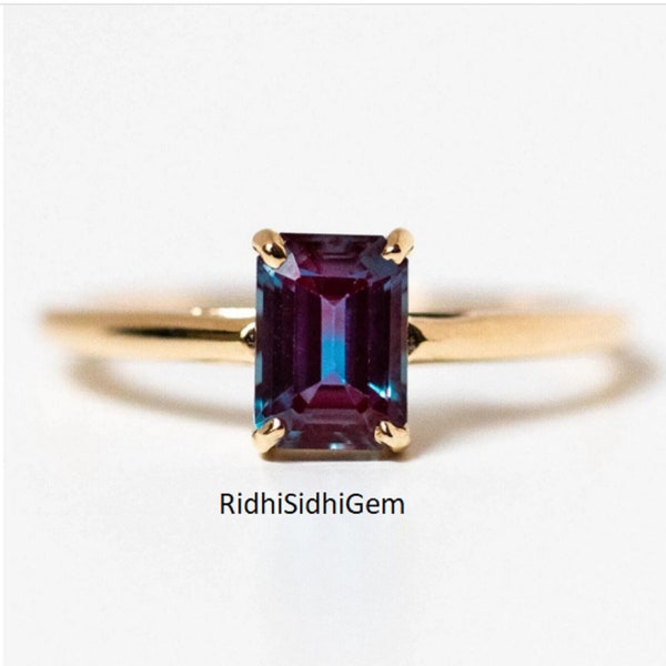Certified Natural Alexandrite Change Color Stone 14K Solid Gold Plated Solitaire Ring Promise Ring Christmas Gift