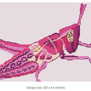 May include: A pink and white cross-stitch pattern of a grasshopper. The design is 100 stitches wide and 65 stitches tall.