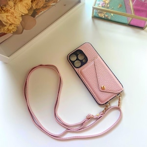 Étui pour téléphone à bandoulière avec dragonne en cuir rose pour iPhone 12 Mini 16 15 14 13 11 Pro Max Plus portefeuille avec étui pour porte-cartes