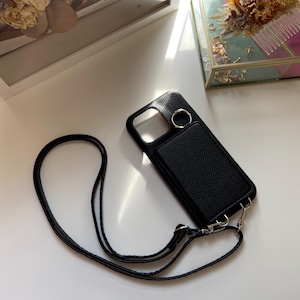 Étui de téléphone noir à bandoulière avec dragonne ou lanière Étui de téléphone en cuir pour IPhone 15 14 13 12 Pro Max Plus portefeuille avec porte-cartes
