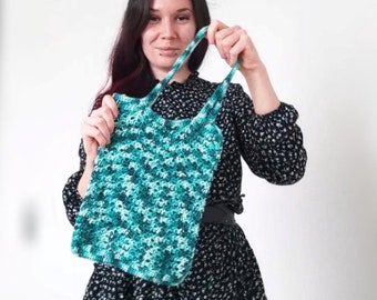 Sac fait main au crochet - Tote bag bleu turquoise - Cabas artisanal