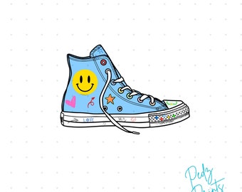 May include: A light blue high-top sneaker with colorful details and a smiley face sticker. The shoe has a white sole and laces. The text "LOVE" is written on the side of the shoe.