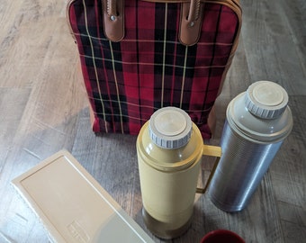 Vintage Thermos Picnic Set; Sandwich Box & 2 Thermos W/ Plaid Carry Bag