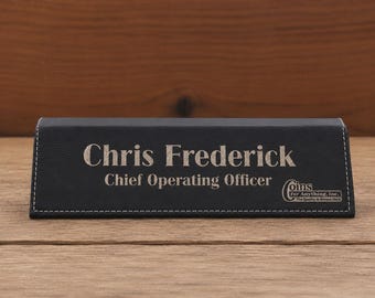 Personalized Black Leatherette Desk Name Wedge, 8.75 x 2.75 Custom Name Display, Gold Engraving