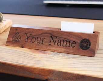 Personalized Walnut Desk Wedge: Engraved Name Plate & Business Card Holder