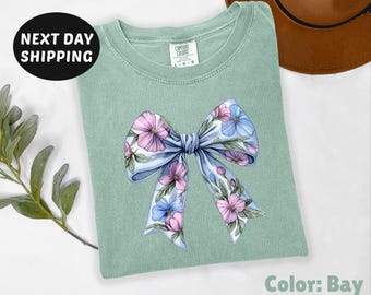 Comfort Colors® Coquette Flowers Bow Shirt, Retro Bow Shirt, Spring Bow Shirt, Coquette Bow T-Shirt, Bow Gifts, Girly Aesthetic Crewneck