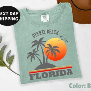 May include: A light blue t-shirt with a graphic of palm trees and a sunset. The text "Delray Beach Florida" is printed on the shirt.