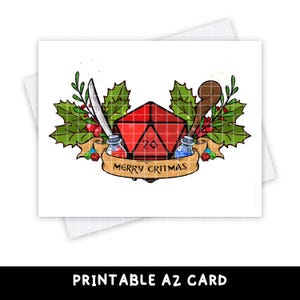 Tarjeta imprimible de Feliz Navidad / Tarjeta navideña D20 / Tarjeta para jugadores / Tarjeta navideña para nerds / Tarjeta navideña para amantes de los dados / Tarjeta navideña retro