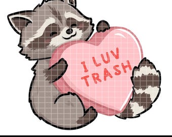 I Luv Trash Racoon PNG | Trendy Trash Panda PNG | Funny Valentine Racoon | Kawaii Racoon PNG | Valentine Clipart | Digital Download Racoon