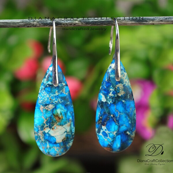 Natural Blue Stone Dangle Earrings, Deep Blue Jasper Earrings, Healing Crystal Earrings, Calming Meditation Spiritual Power Earrings