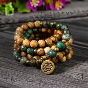 African Turquoise 108 Beads Mala Bracelet, Picture Jasper Mala Prayer Bracelet, Natural Stone Mala, Healing Spiritual Protection Gift