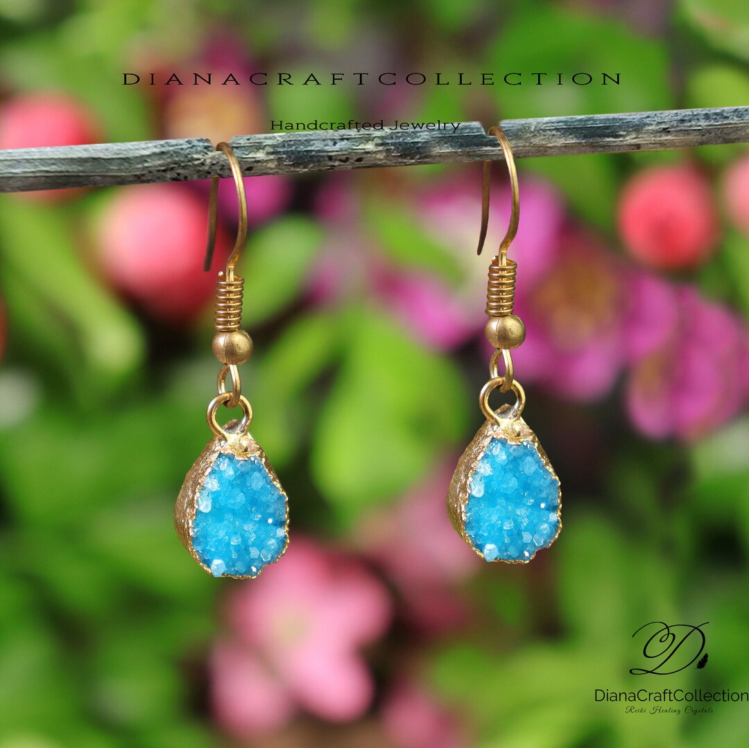 Natural Blue Stone Earringsdruzy Agate Geode Earrings Slice Etsy