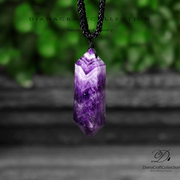 Natural Stone Pendant Necklace- Chevron Amethyst Gemstone Pendant Necklace -Healing Crystal Spiritual Protection Gift