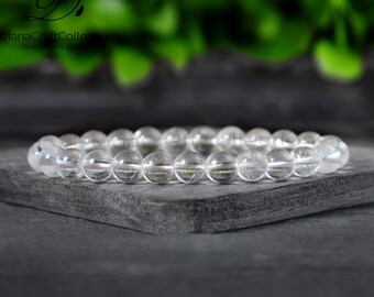 Clear Quartz Bracelet, Natural Clear Quartz Stone Stretch Bracelet, Healing Crystal Clear Quartz Yoga Bracelet, Spiritual Protection Gift