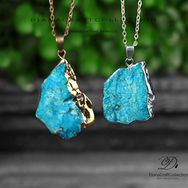 Collier pendentif en pierre turquoise naturelle, collier pendentif en pierre précieuse turquoise brute -Cadeau de protection spirituelle en cristal de guérison