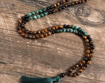 Turquoise Tigers Eye 108 Mala Beads Necklace Healing Crystal Tassel Necklace