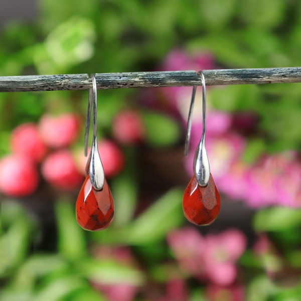 Natural Stone Dangle Earrings, Red Jasper Teardrop Earrings, Healing Crystal Meditation Spiritual Protection Gift