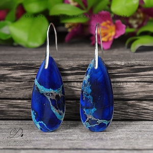 Natural Gemstone Dangle Earrings, Blue Sea Sediment Jasper Teardrop Earrings, Healing Crystal Calming Meditation Spiritual Protection Gift