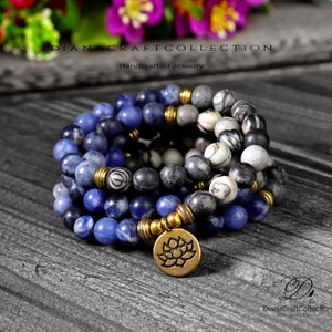 108 Beads Mala Bracelet, Spiderweb Jasper Mala Prayer Bracelet, Natural Sodalite Stone Mala, Healing Meditation Spiritual Protection Gift