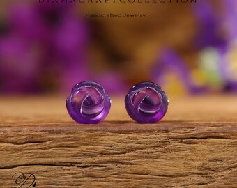 Natural Stone Amethyst Flower Stud Earrings, Hand Carved Stud Earrings, Minimalist Rose Flower Earrings ,Dainty February Birthstone Gift