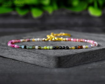 Delicate Rainbow Tourmaline Bracelet, Tourmaline Minimalist Bracelet, Natural Tourmaline Stone Healing Crystal Dainty Gift