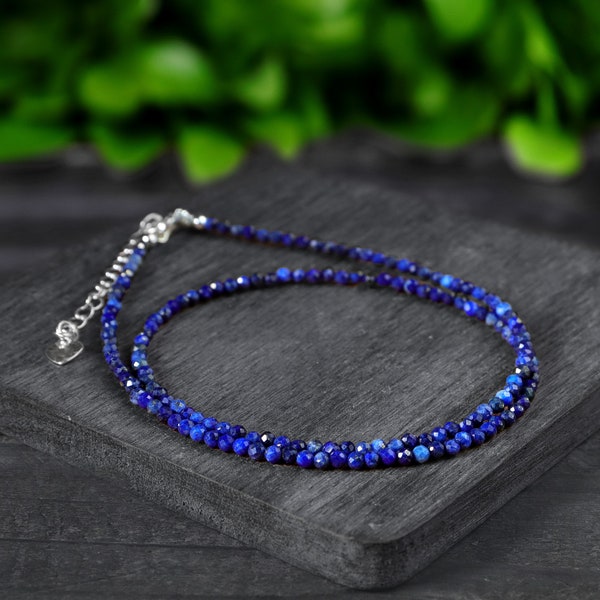 Genuine Lapis Lazuli Choker Necklace, Healing Lapis Lazuli Crystal Beaded Dainty Choker, Natural Stone Minimalist Choker Necklace Gift